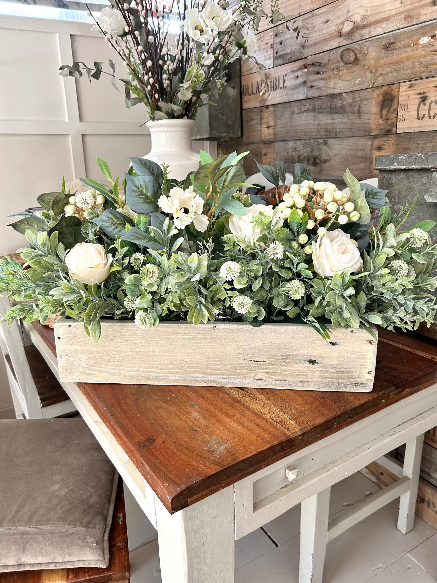 Handmade wooden trough with artificial floral display (FREE P&P)