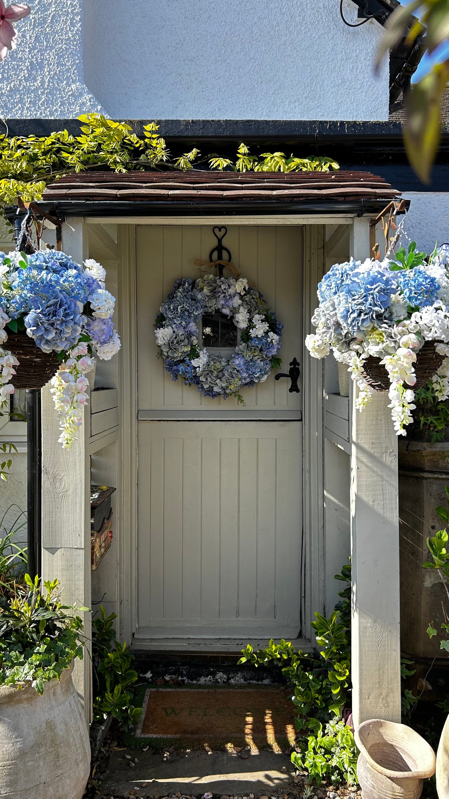 “BEATRICE” Blue hydrangea Luxury artificial hanging basket (FREE UK P&P)