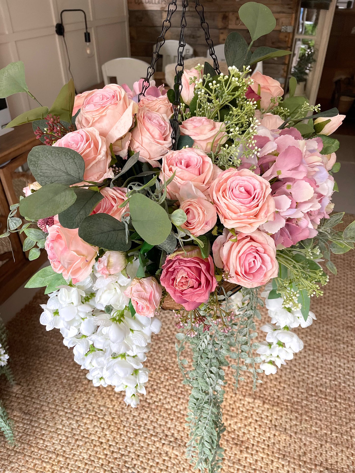 NEW (dry touch) pink luxury rose hanging basket (FREE P&P)
