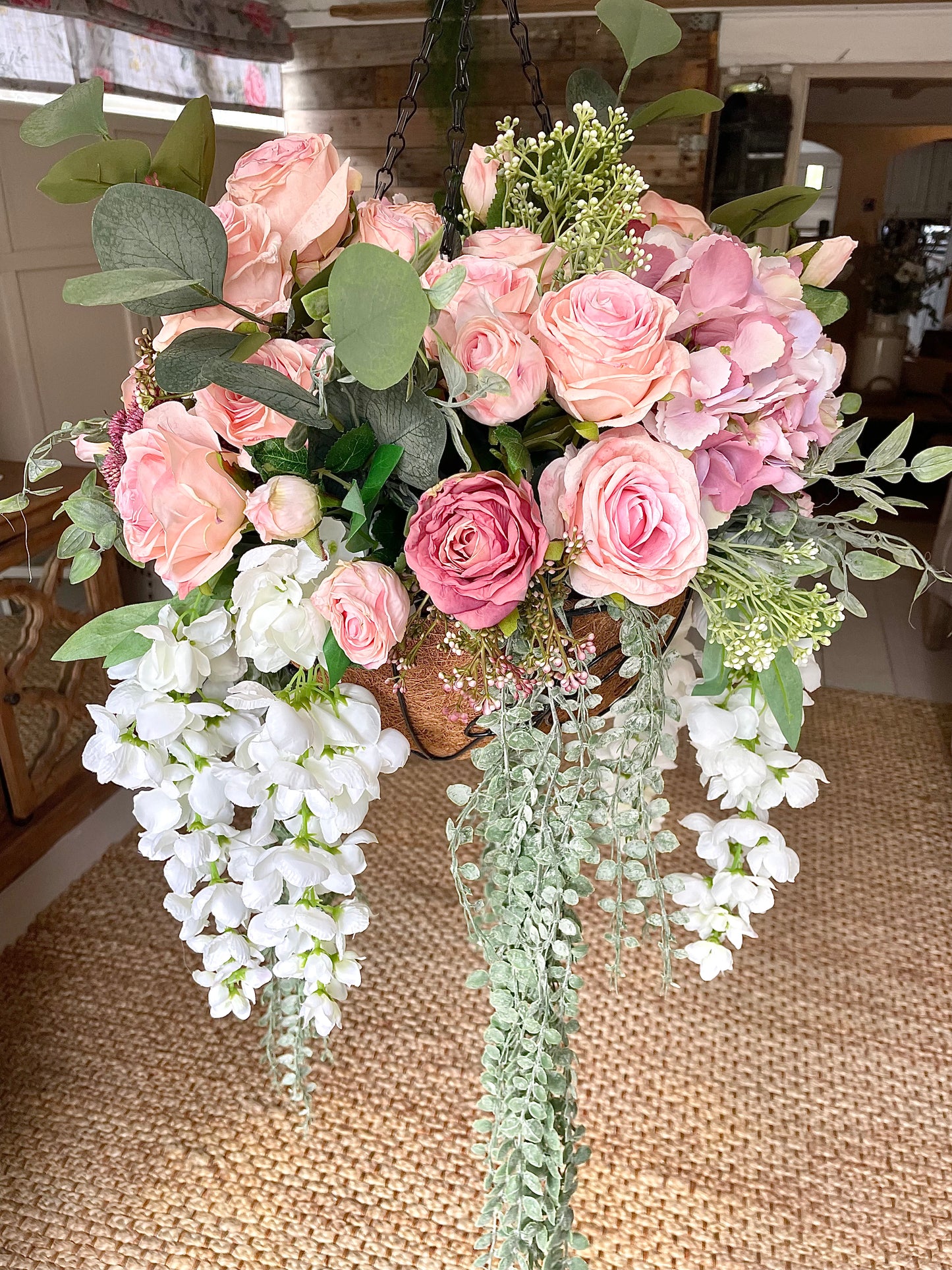 NEW (dry touch) pink luxury rose hanging basket (FREE P&P)
