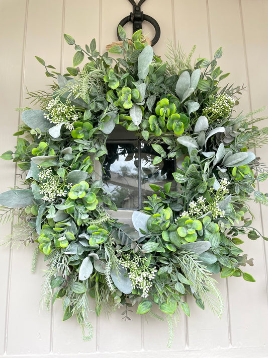 “EVERGREEN” farmhouse faux wreath