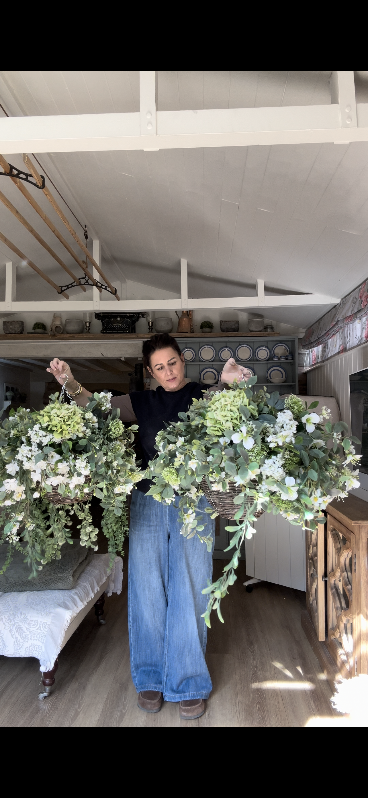 “CHARLIE” Luxury (Ivory hydrangea) artificial hanging basket (FREE UK P&P)