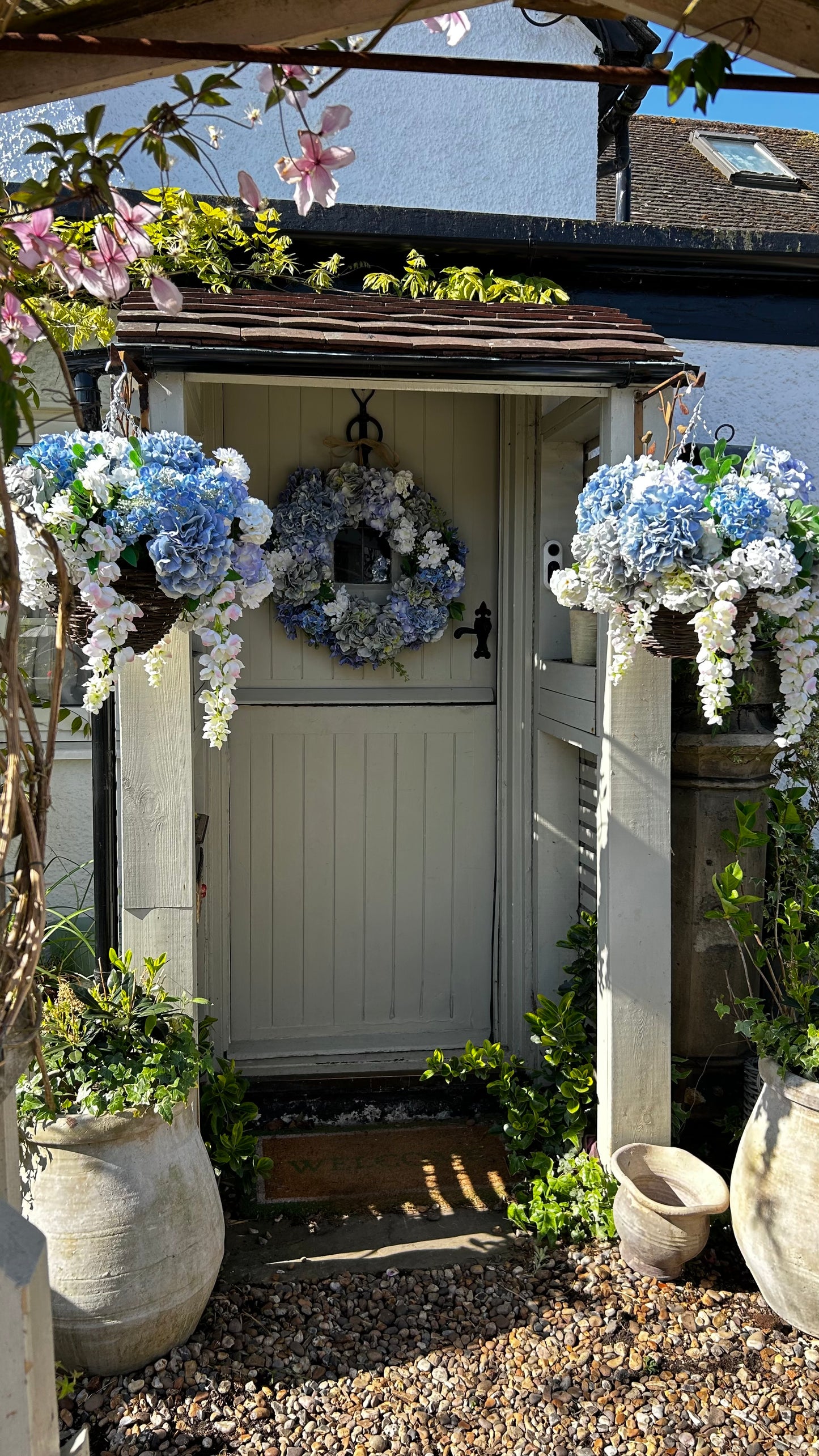 “BEATRICE” Blue hydrangea Luxury artificial hanging basket (FREE UK P&P)