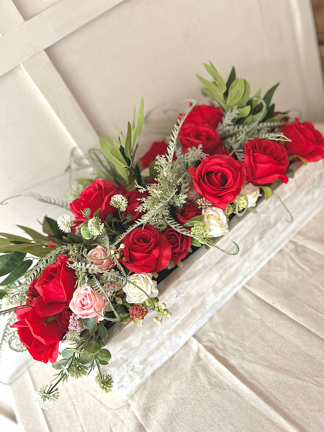 Lovers roses Handmade wooden trough with artificial floral display (FREE P&P)