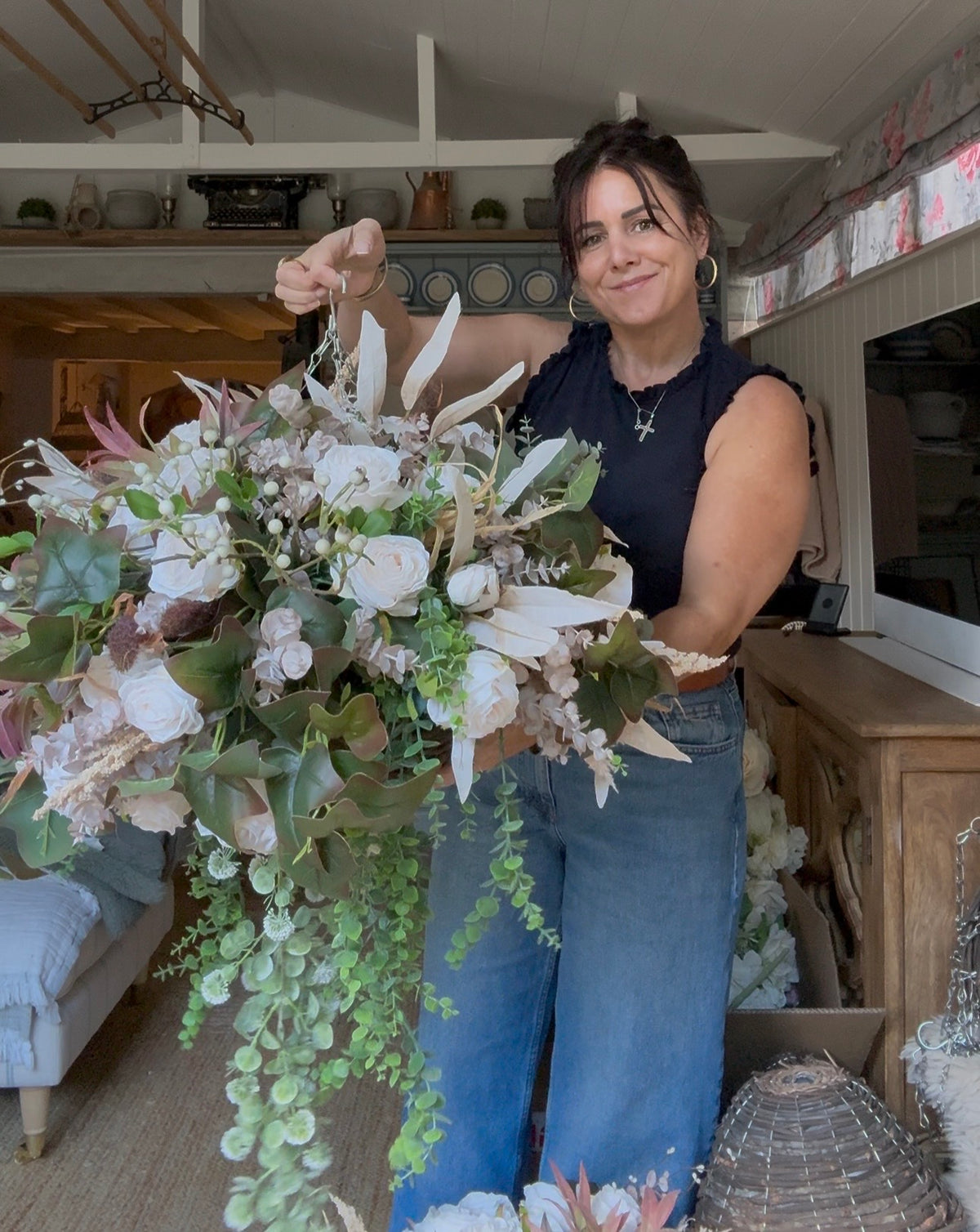 “Vanilla” Luxury all year round artificial hanging basket (FREE UK P&P) made to order