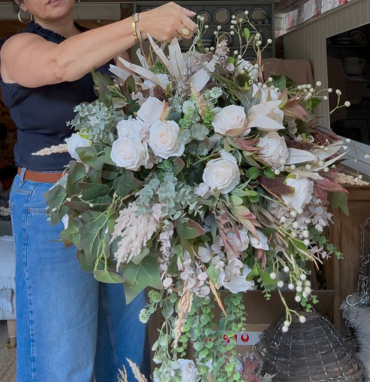 “Vanilla” Luxury all year round artificial hanging basket (FREE UK P&P) made to order