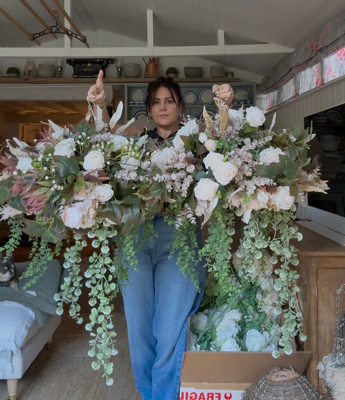 “Vanilla” Luxury all year round artificial hanging basket (FREE UK P&P) made to order