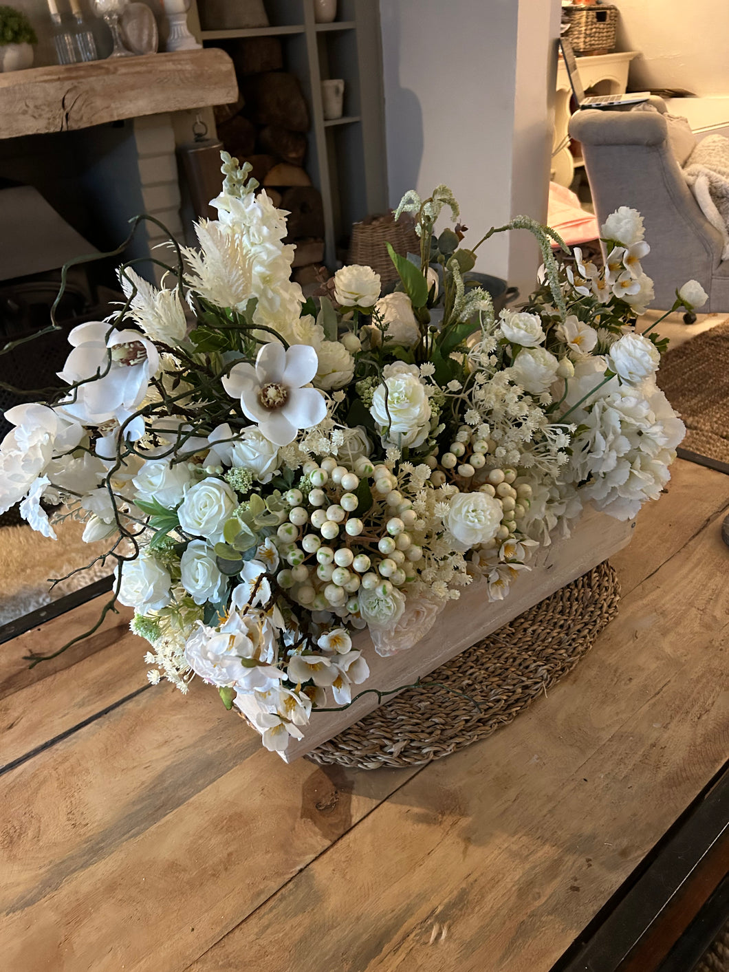 Luxury floral Handmade wooden trough with magnolia and artificial floral display (FREE P&P)