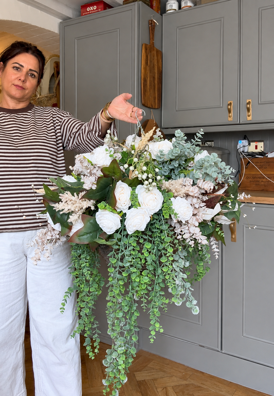 “Vanilla” Luxury all year round artificial hanging basket (FREE UK P&P) made to order